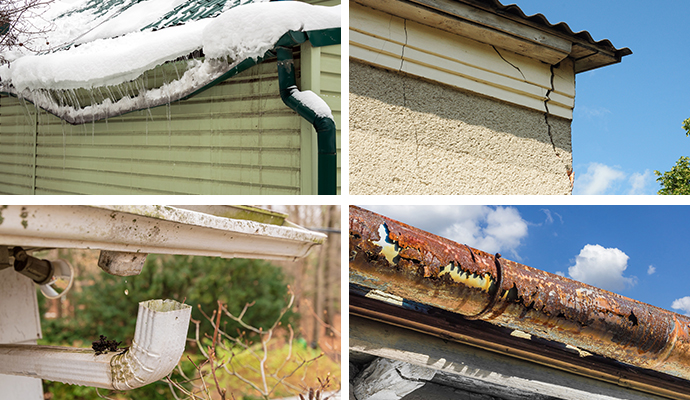 Collage of different damaged gutters Collage showing various types of gutter damage including rust, cracks, and sagging