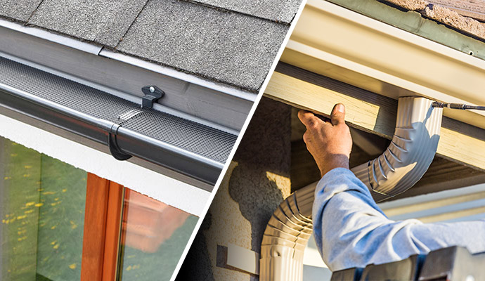 Collage of Gutter installed gutter and installing downspout